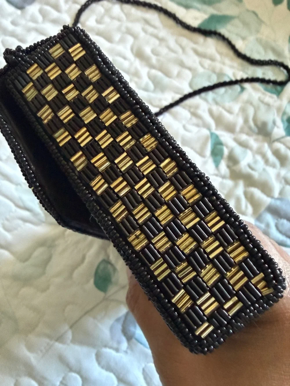 Vintage Beaded Checkerboard Clutch Crossbody Bag Gold Black Art Deco